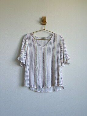 Beacon V-Neck Flutter Sleeve Blouse - Rainbow Stripe - Size M